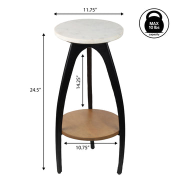 Ollie 24.5" Designer Farmhouse Metal Tripod Drink Table and Decorative End Table with White Marble Round Top and Wood Undershelf